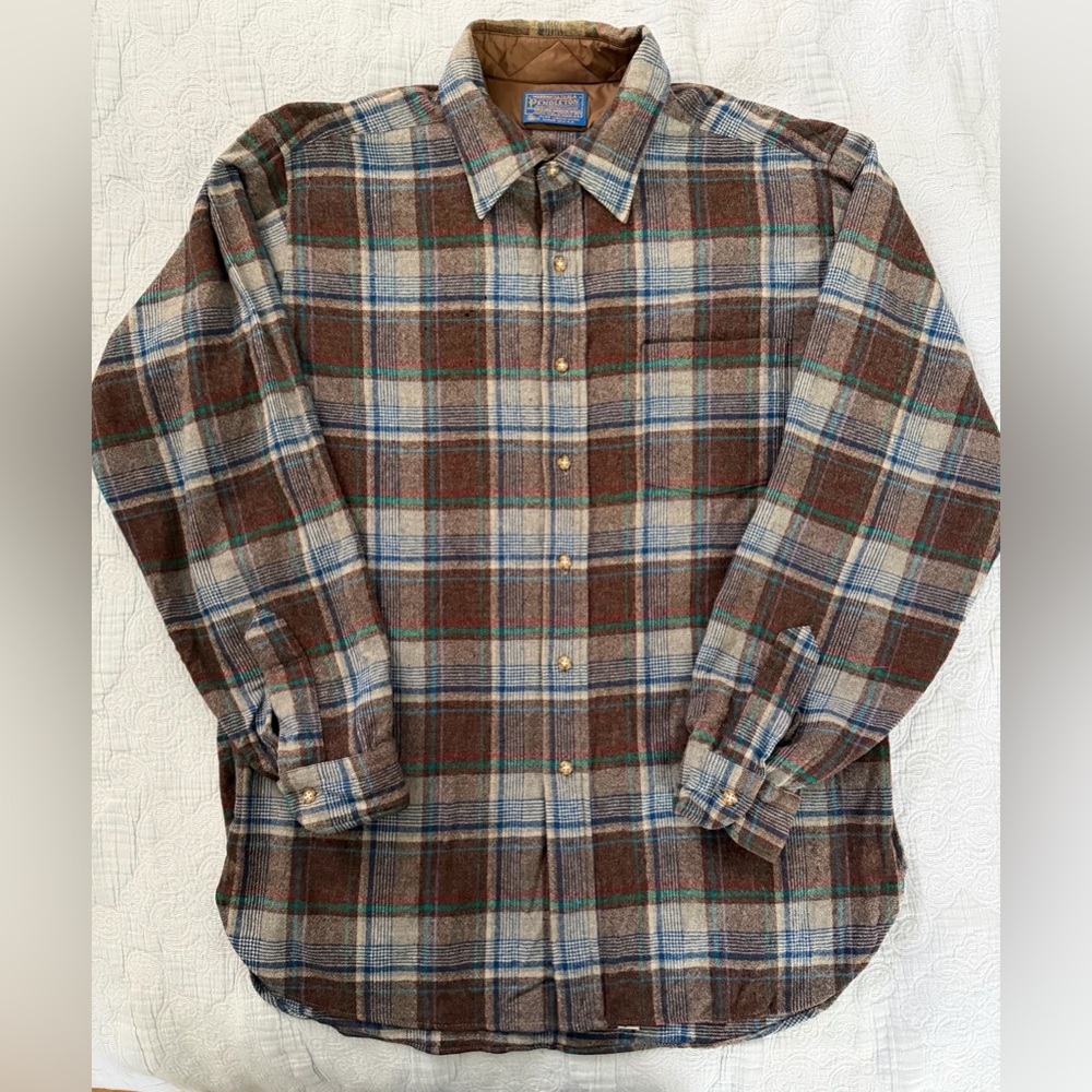 1960s Men's Medium Pendleton Virgin Wool Flannel Brown Plaid Pocket (READ!)